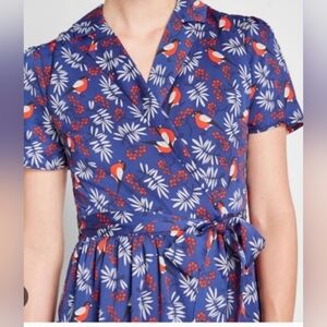 Novelty Modcloth True Wrap Navy Red Bird Print Dress Finches Red Birds Med